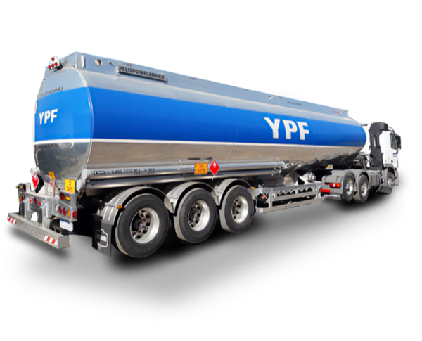 Semirremolque tanque INDECAR en librea azul y plata de YPF, visto desde atrás